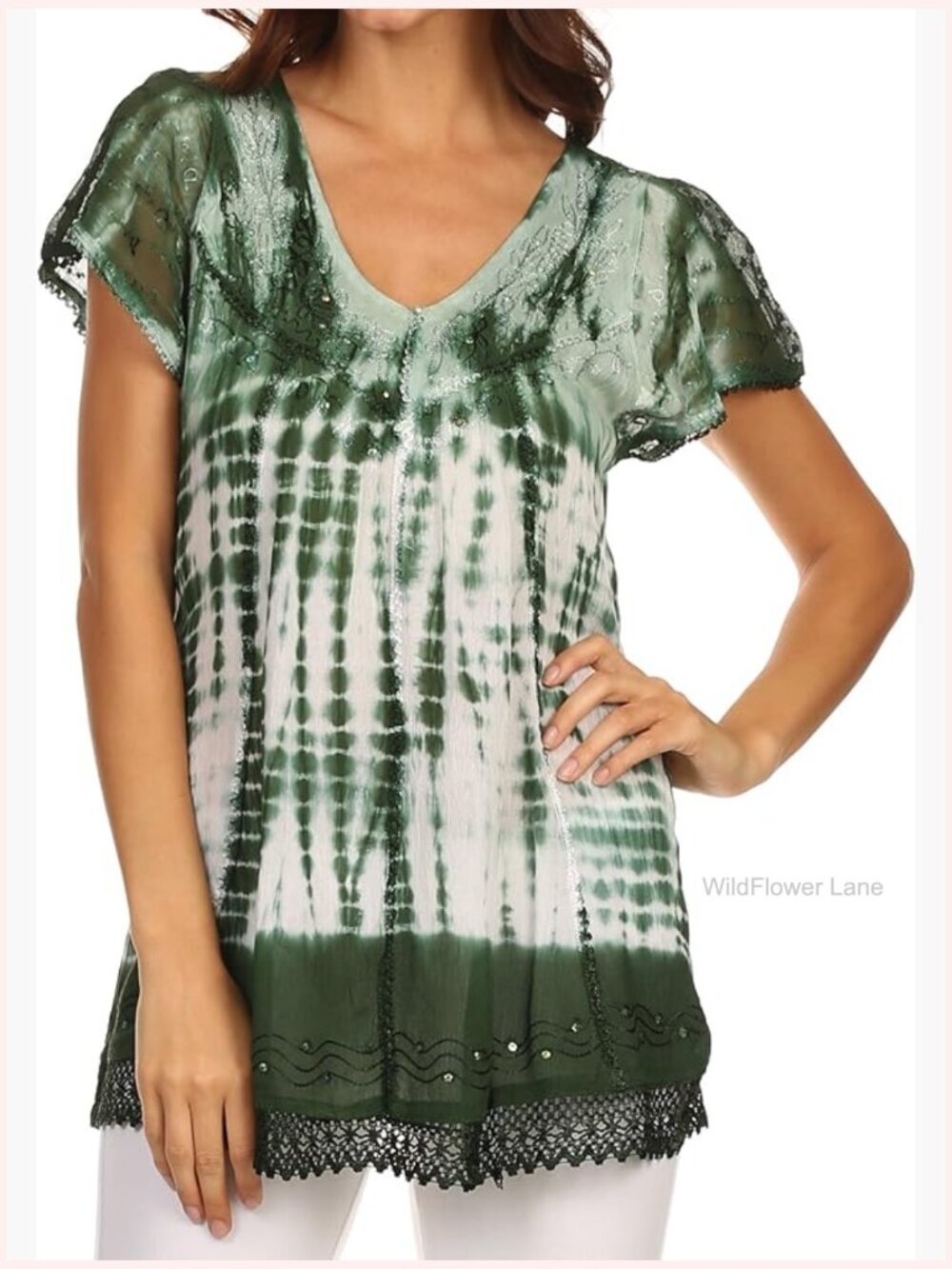 Embroidered Tie Dye Sequin Blouse, V-Neck Short Lace Sleeves Flowy